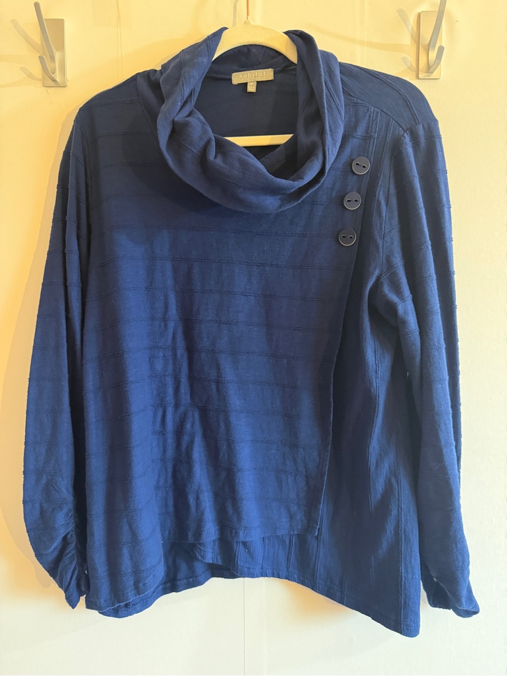 Habitat Navy Cowl Neck Tunic Top Asymmetrical Button Detail Ruched Sleeve M